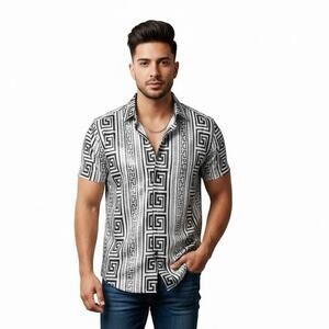 Men's Black and White Geometric Dress Shirt Sz S